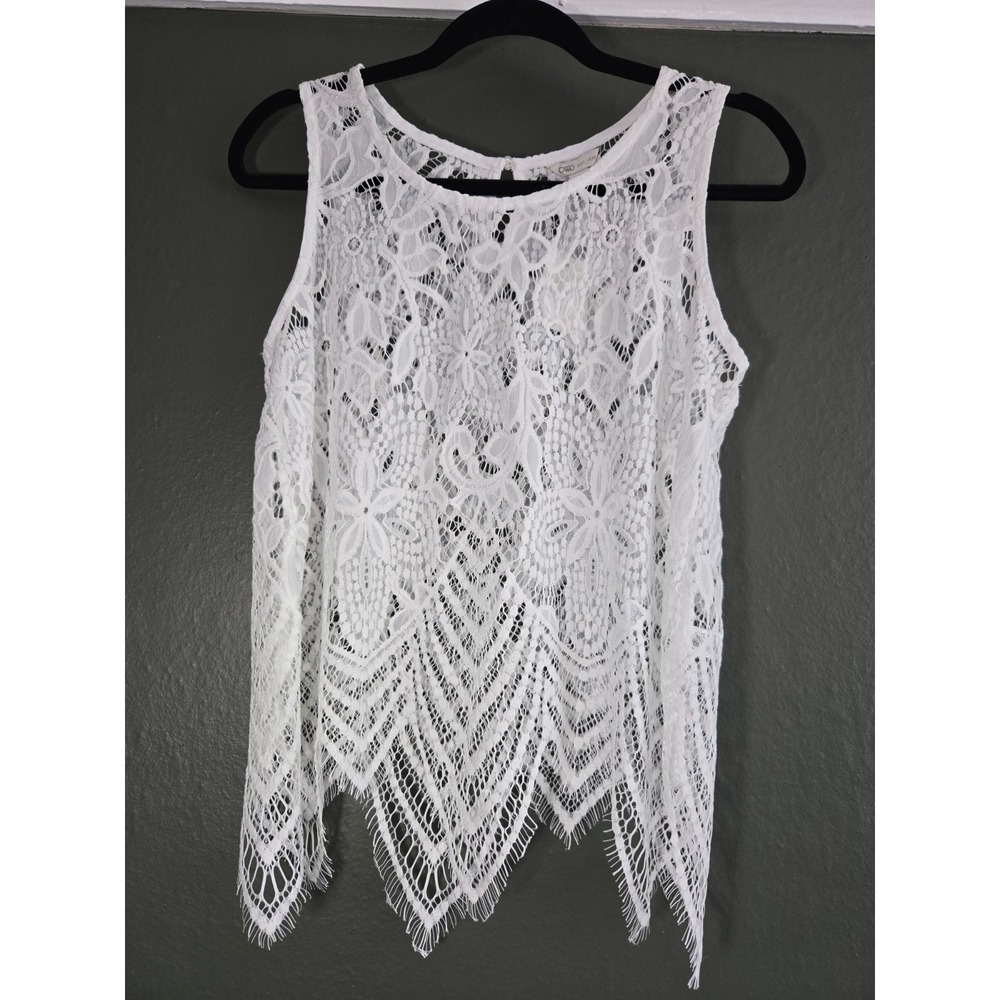 White Lace Sheer‎ Tank Top Medium Boho Fairycore Coquette Scalloped Hem NWT